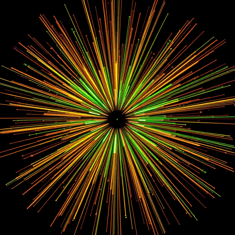 Create a vibrant explosion of golden and green rays emanating from a central point against a black background, shot with a DSLR camera at f/8 aperture, 1/125 sec shutter speed, ISO 100, using a wide-angle lens to capture the full extent of the radiating effect.