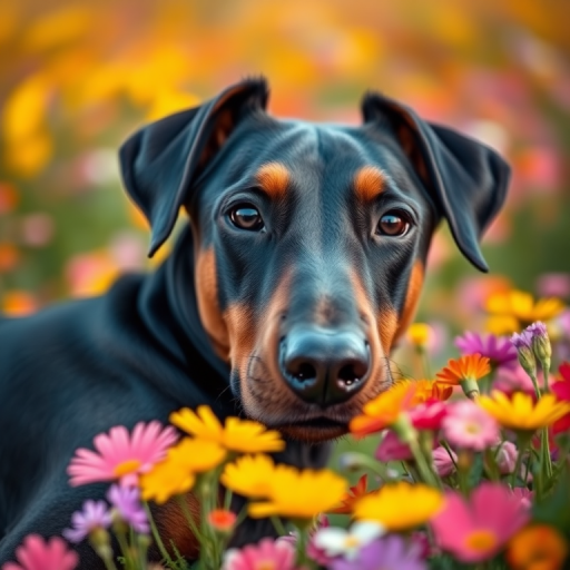 A close-up portrait of a Doberman lying in a field of colorful flowers, with a soft bokeh background, captured using a DSLR camera with a 50mm f/1.8 lens, ISO 200, aperture f/2.8, and a warm daylight setting for enhanced colors and depth.