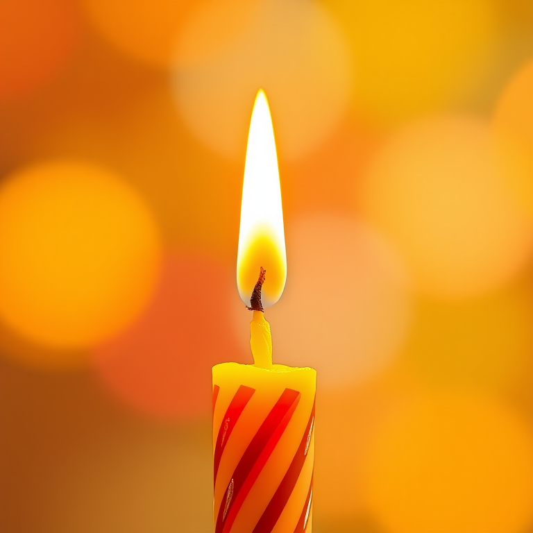 Create an image of a colorful birthday candle with a flame, bright orange and yellow hues, digital illustration style, captured from a slightly elevated angle, using a high-resolution format, with 35mm focal length and f/2.8 aperture for enhanced depth of field.