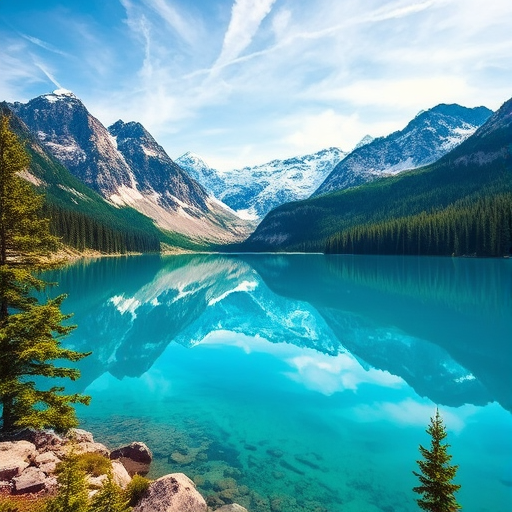 Capture a breathtaking landscape of a mountain lake with vibrant turquoise water reflecting snow-capped peaks and lush evergreen trees, using a DSLR camera with a 24mm lens, aperture f/8, ISO 100, and a 1/250s shutter speed, from a low angle viewpoint to enhance the depth and clarity.