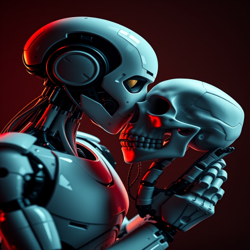 Create a high-resolution image of a humanoid robot gently kissing a skull, with dramatic lighting and shadows, using a Canon EOS R5 camera, 50mm lens, aperture f/1.8, ISO 100, shot in portrait mode with a shallow depth of field.