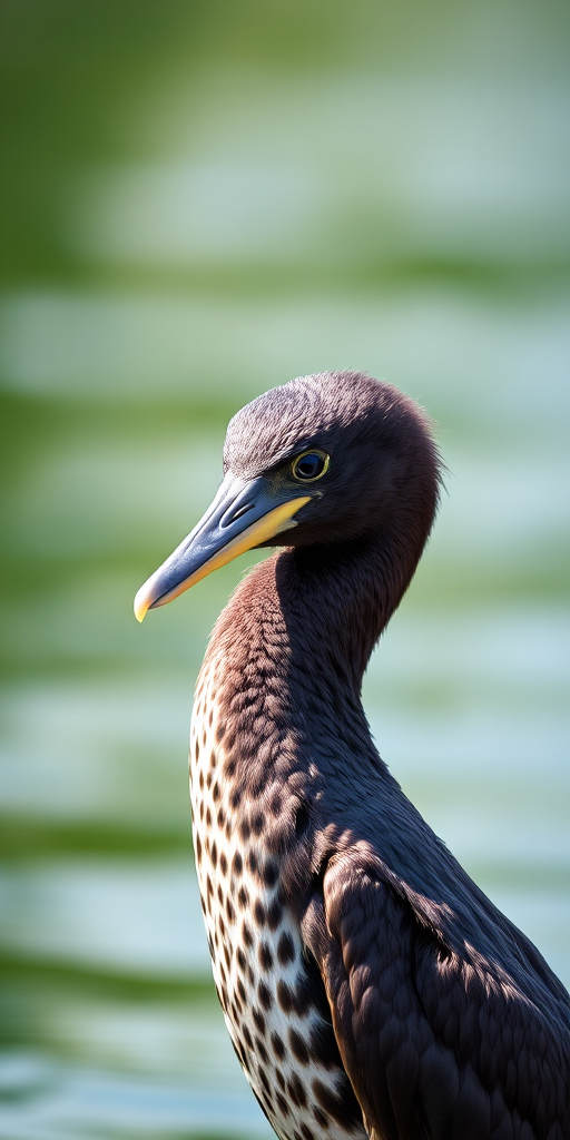 Capture a close-up of a bird similar to a juvenile cormorant standing by the water with sharp focus, natural lighting, aperture set at f/4, ISO 200, shutter speed 1/1000s, using a DSLR camera with a 300mm lens in portrait orientation.
