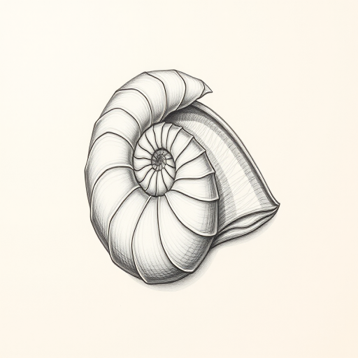 Create a detailed drawing of a nautilus shell with intricate lines and shading on a soft beige background, captured in high resolution using a Canon EOS R with a 50mm lens at f/1.8, ISO 100, and a well-lit studio setup.