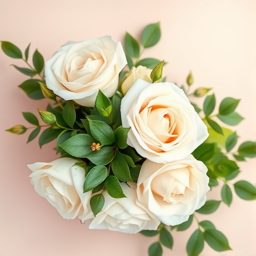 Create an illustration of a floral arrangement featuring white roses and greenery, with a soft pastel background, captured with a DSLR camera at f/2.8, 50mm lens, natural light, shallow depth of field, top-down view, vibrant color grading.