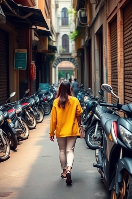 Generate a high-quality image of a narrow alleyway filled with parked motorcycles, a woman in a yellow shirt walking towards the camera, with soft natural lighting, using a DSLR camera at f/2.8 aperture, ISO 200, 50mm lens, shot from a low angle perspective.