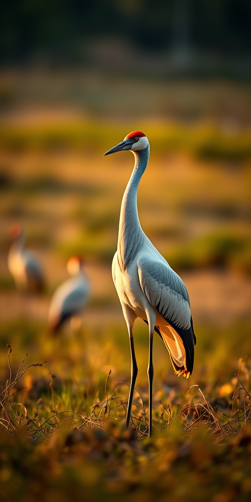A majestic crane standing elegantly in a soft-lit landscape, captured with a Canon EOS 5D Mark IV, 85mm f/1.4 lens, aperture f/4, shutter speed 1/200s, ISO 400, natural light, shallow depth of field, focus on the crane with a blurred background.