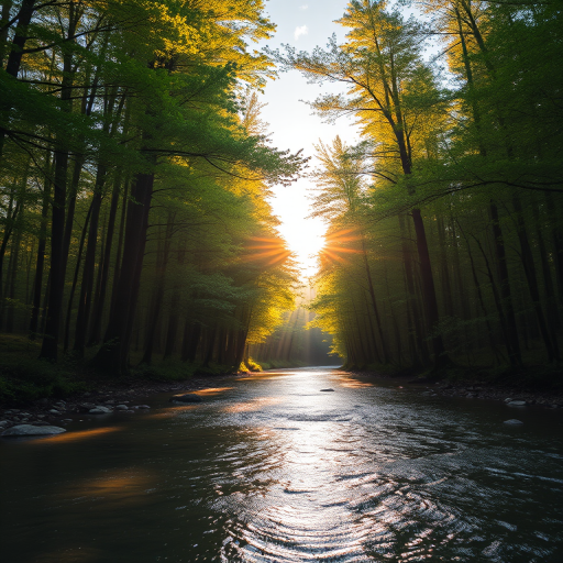 Create an image of a serene, sunlit forest scene with a clear, gently flowing river. Tall trees with lush green foliage line both sides of the river, their leaves bathed in the warm golden light of the setting or rising sun. The sunlight filters through the trees, casting soft, dappled light on the river, which flows over smooth rocks and pebbles, creating a peaceful, natural atmosphere. The sky is bright with a few scattered clouds, and the overall mood is tranquil, evoking a deep sense of connection with nature. The image captures the beauty of a calm, pristine forest landscape at either dawn or dusk.