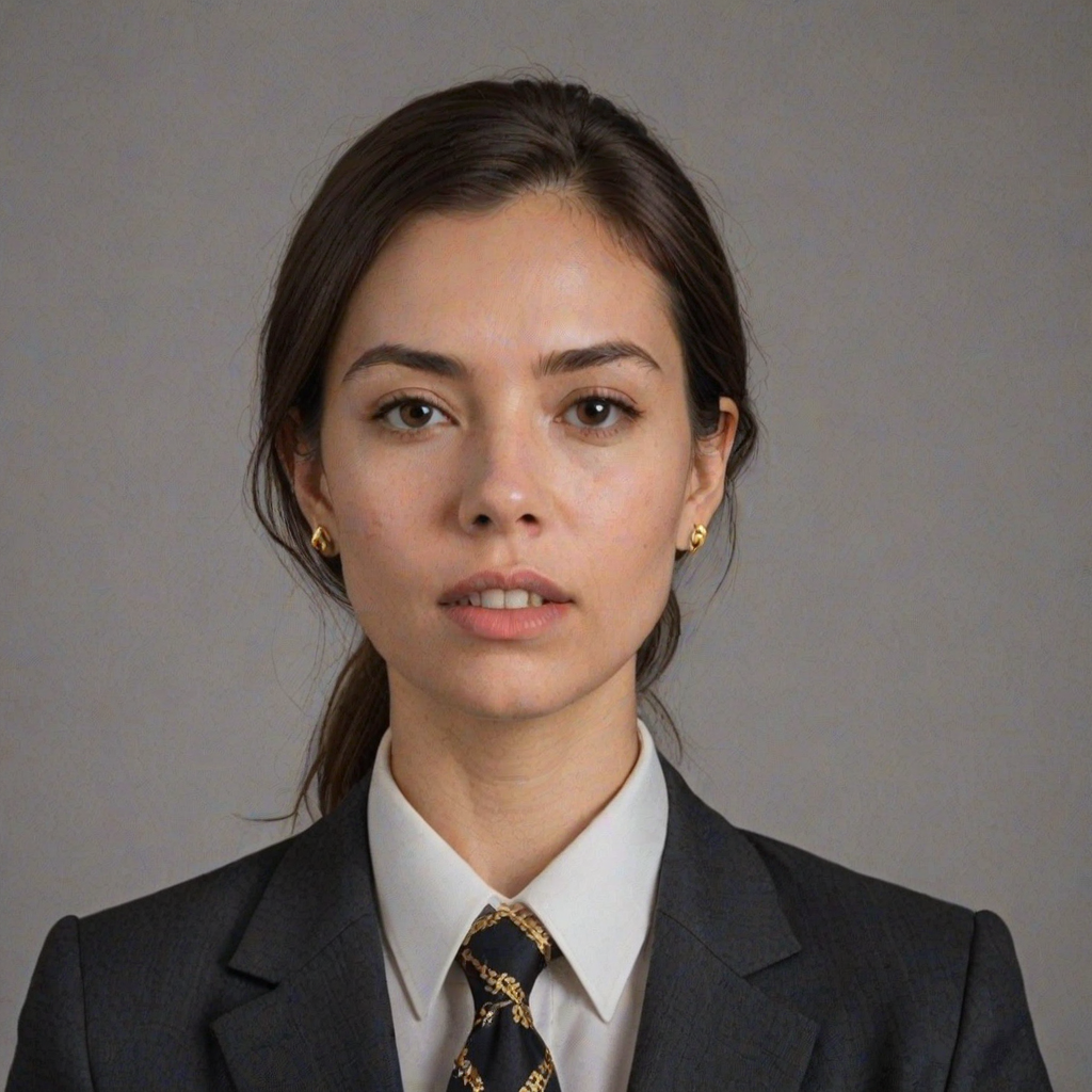 High quality passport photo of a woman wearing a suit and tie looking directly at the camera with her mouth closed and a neutral expression. She is also wearing a delicate gold chain and some understated diamond earrings.