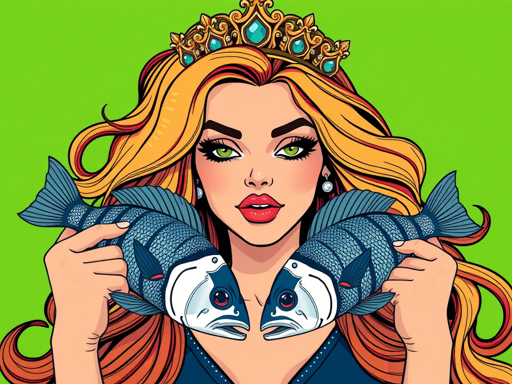Create a highly detailed illustration of a stylish woman with long wavy hair wearing a crown, holding two striped fish, set against a vibrant green background; use high-resolution digital art techniques, with a focus on sharp lines and bold colors, captured from an eye-level view, using a Canon EOS R5 with a 24-70mm f/2.8 lens at ISO 100, aperture f/8, and shutter speed 1/200s for optimal clarity.