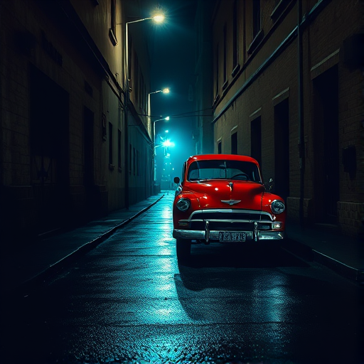 Generate an image of a vintage red car parked in a narrow, dimly lit alley at night, with reflections on wet pavement, ambient street lights glowing in mist, using a Canon EOS 5D Mark IV, 24mm f/1.4 lens, ISO 200, aperture f/2.8, 1/60s shutter speed, shot from a low angle to emphasize the car and surroundings.