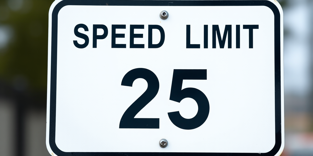Generate a high-resolution image of a speed limit sign stating "SPEED LIMIT 25" with a clean white background and bold black text, captured using a DSLR camera with a 50mm lens at f/2.8 aperture, ISO 100, and a shallow depth of field to focus on the sign and blur the background, from a straight-on view to enhance clarity.