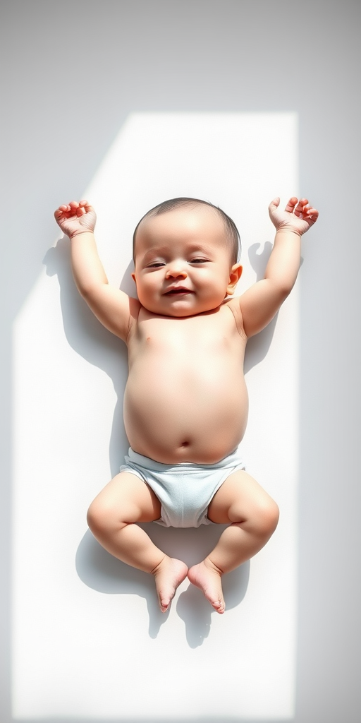 a minimalist line drawing of a baby lying on its back with its arms and legs raised, high resolution, natural lighting, 50mm lens, f/2.8 aperture, ISO 100, soft focus background, DSLR camera, top-down view