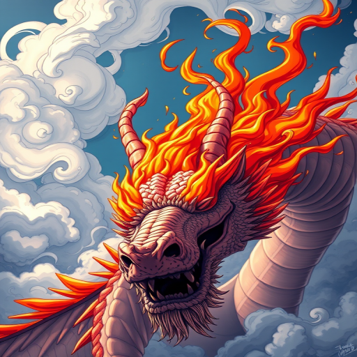 A highly detailed illustration of a mythical dragon with vibrant red and orange flames on its head, surrounded by swirling clouds, captured from a low angle using a DSLR camera with a 50mm lens, f/1.8 aperture, ISO 100, and natural light to enhance colors and textures.