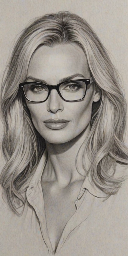 Beauteous Daryl Hannah, pencil sketch, portrait of Bewitching woman 1949s in glasses, hair style beatnik, outline, clear lines, fine lines, 8k