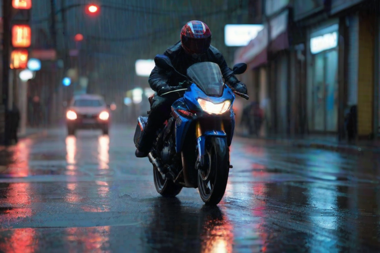 Blurry, dramatic shot of a motorbike speeding down a rain-soaked road at night, neon lights from nearby shops reflecting on the wet pavement, with streaks of red and blue trailing the bike.
