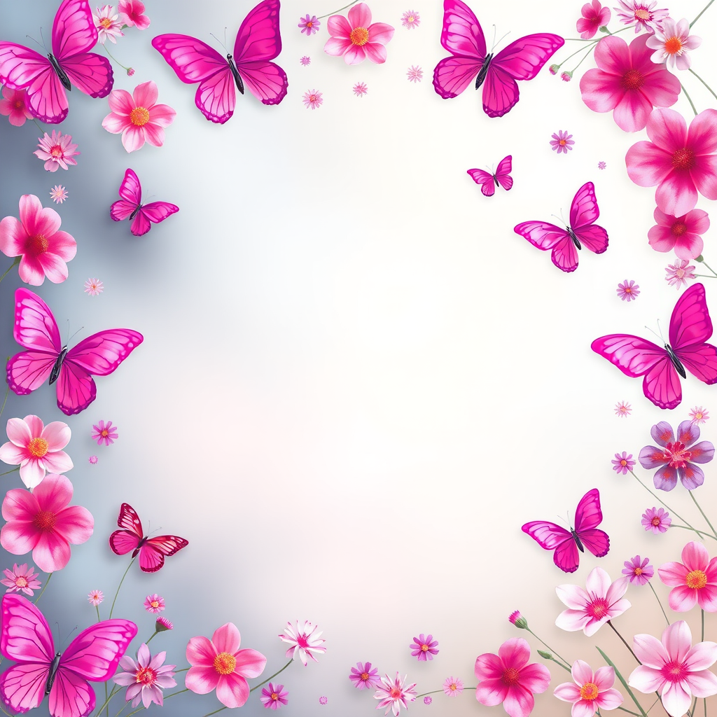 Create a vibrant and whimsical border design featuring various butterflies in shades of pink and purple. The center should be left blank for text, while the butterfly motifs should be delicately arranged in the corners and along the edges, creating a soft, inviting atmosphere. Include subtle floral elements in the background to enhance the overall aesthetic.