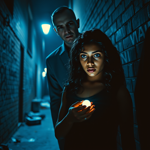 A young woman with deep brown skin and long, curly black hair stands in a dimly lit alley, her eyes wide with fear. She clutches a small, glowing amulet in her hand. A tall, pale man with sharp features and piercing blue eyes looms over her, his expression cold and calculating. The scene is bathed in a cold blue light from a nearby streetlamp, casting long, ominous shadows. The background is gritty and urban, with graffiti-covered walls and discarded trash. The style is reminiscent of Christopher Nolan's dark, moody cinematography, with high contrast and a blue tint. Film grain adds to the gritty, realistic texture.