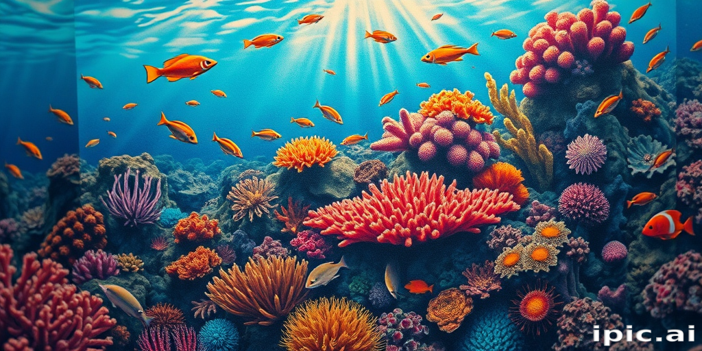Realistic underwater scene tattoo showcasing a diverse coral reef ecosystem with vibrant marine life, utilizing color gradients and light refraction effects for an immersive aquatic experience