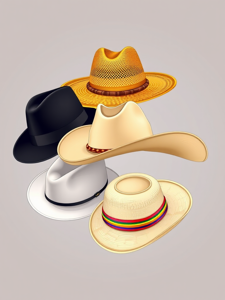 Create a high-resolution illustration of assorted hats, including a black fedora, a gold cowboy hat, a white sombrero, and a wide-brimmed hat with a colorful band, using a DSLR camera with a 50mm lens, f/2.8 aperture, ISO 100, and natural lighting to enhance details and colors.