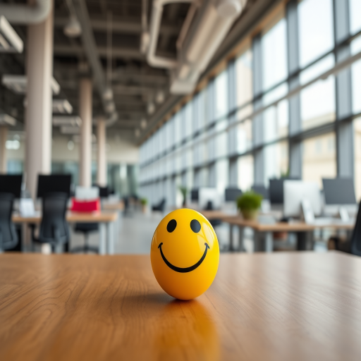 an office interior with a yellow smiley face ball in focus on a wooden table, background featuring modern workstations and large windows, shot with a Canon EOS 5D Mark IV, f/8 aperture, 50mm lens, ISO 200, natural lighting for enhanced clarity and color vibrancy