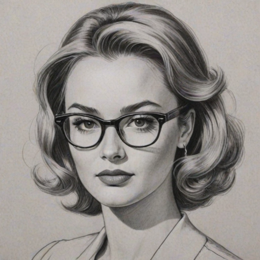 Sublime Hunter King, pencil sketch, portrait of Resplendent woman 1960s in glasses, hair style beatnik, outline, clear lines, fine lines, 8k