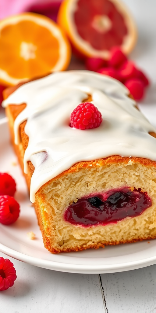 A beautifully arranged loaf cake sliced to reveal a moist interior with a layer of raspberry jam in the center topped with a creamy white icing served on a white plate with fresh raspberries and a slice of orange in the background.