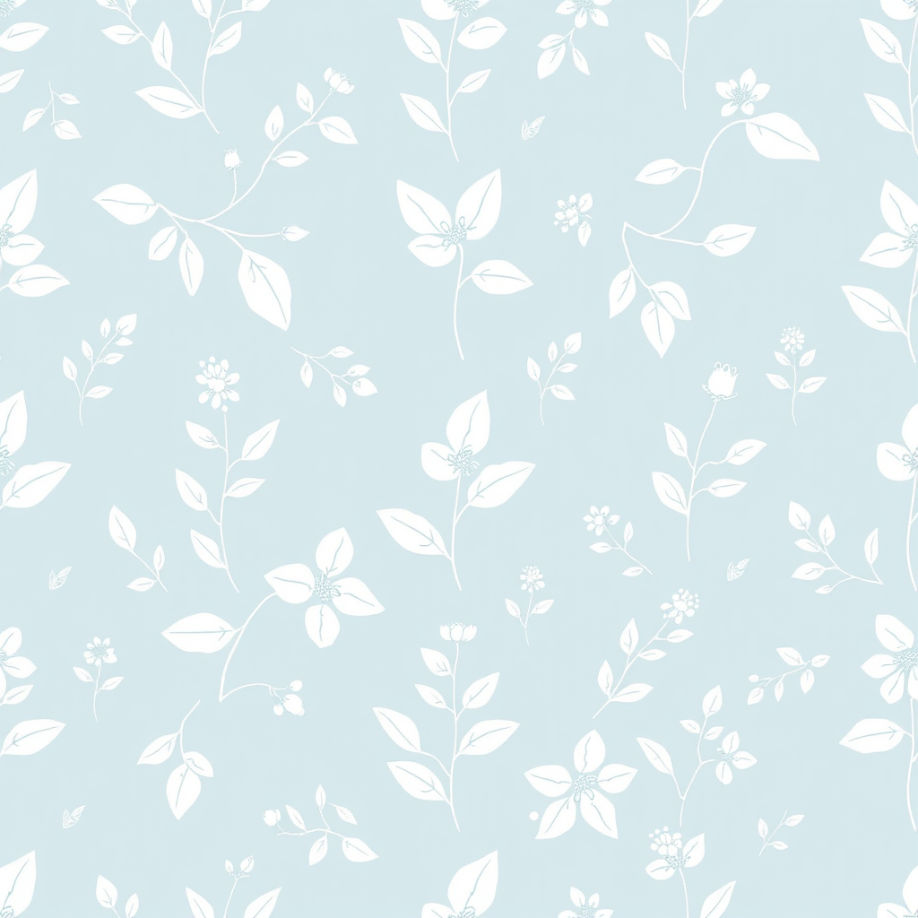 generate a seamless botanical pattern featuring hand-drawn white leaves and flowers on a soft blue background