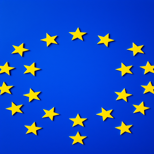 Create an image of a circular arrangement of twelve yellow stars on a blue background that resembles the European Union flag, captured with a Canon EOS 5D Mark IV using a 50mm lens at f/8, ISO 100, with a focus on vibrant colors and high contrast, ensuring sharp detail and clarity in the stars and background.