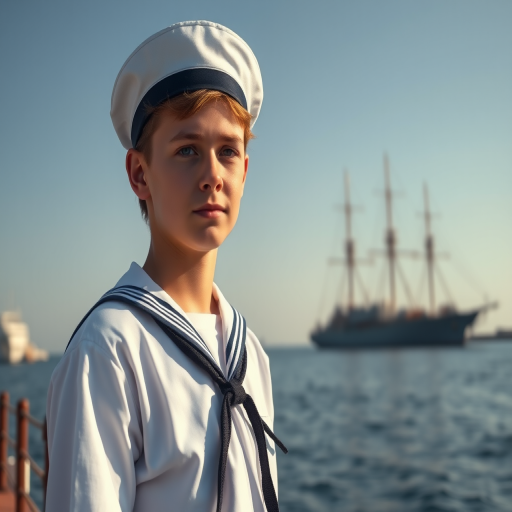 portrait of a young sailor in a crisp white uniform with a navy cap standing by the ocean with a tall ship in the background, captured with a Canon EOS R5, 50mm f/1.2, aperture f/2.8, ISO 100, natural lighting, cinematic style