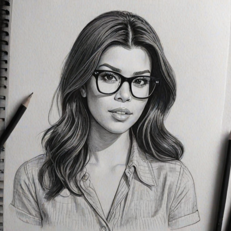 Captivating Kourtney Kardashian, pencil sketch, portrait of Superb woman 1948s in glasses, hair style beatnik, outline, clear lines, fine lines, 8k