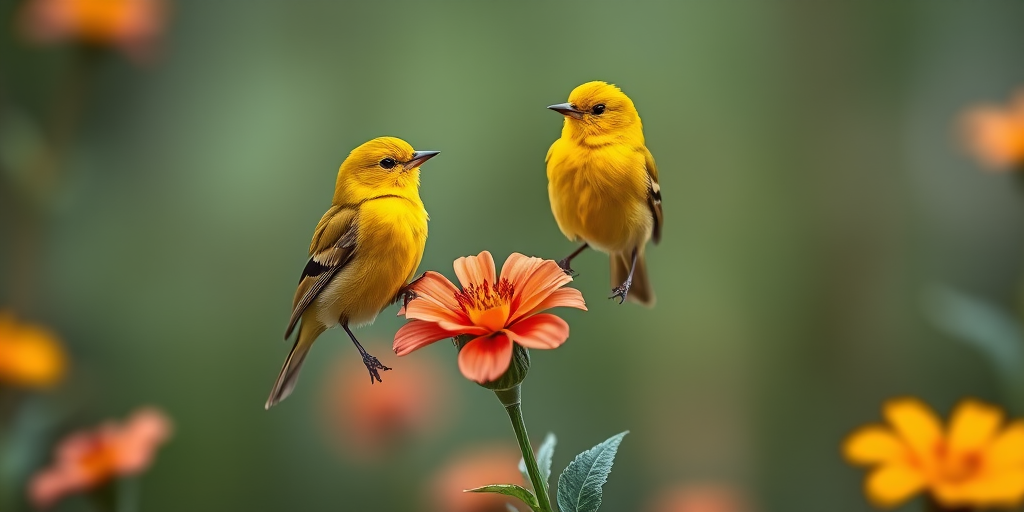 create a highly detailed image of two vibrant yellow birds perched on a realistic flower plant in a natural setting, using a DSLR camera with a 50mm lens, f/2.8 aperture, ISO 200, and soft natural lighting to enhance color vibrancy and depth of field.
