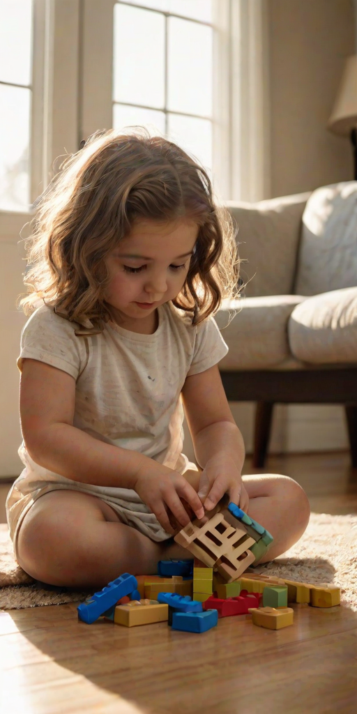 Warm, softly lit image of a child playing with building blocks on a living room floor, soft sunlight streaming through a nearby window, the smell of freshly baked cookies in the background, and a sense of creativity and joy.