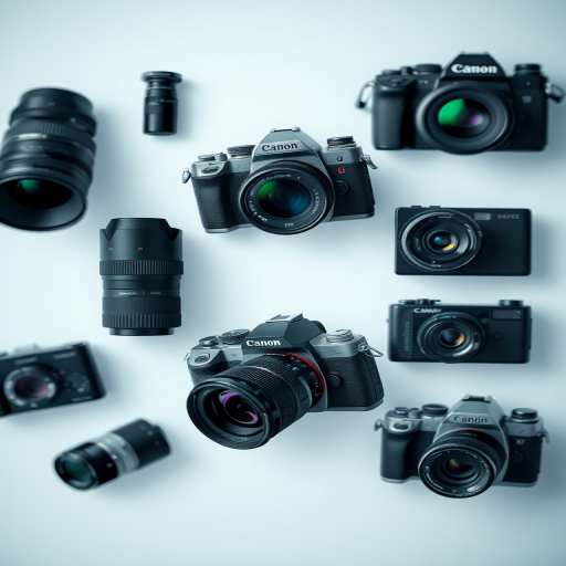 Create an abstract representation of photography showcasing various camera types and styles with a blurred background, using a DSLR camera, f/2.8 aperture, ISO 100, 50mm lens, and soft lighting for a professional look.