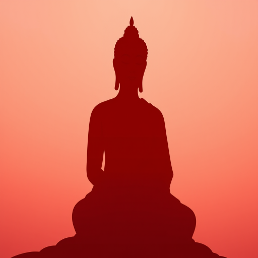 Create an image of a serene Buddha silhouette in red on a soft gradient background, with a Canon EOS R5 camera, f/2.8 aperture, 50mm lens, shot at 1/125 sec, using a wide-angle view to emphasize tranquility and depth.