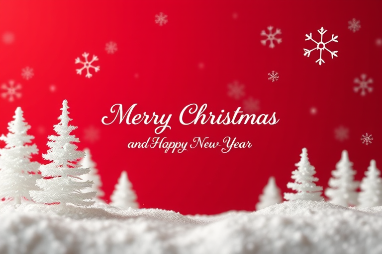 Create a festive winter scene featuring white silhouette pine trees and snowflakes against a rich red background, shot with a DSLR camera at f/4 aperture, 50mm lens, ISO 200, with a slightly blurred background to enhance clarity of the text "Merry Christmas and Happy New Year" in an elegant font.