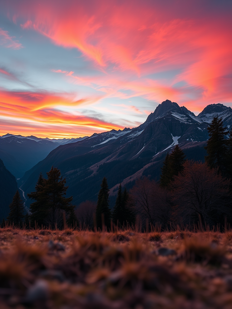 Generate a high-resolution image of a serene mountain landscape at sunrise with vibrant colors, using a DSLR camera with a 24mm lens, aperture set to f/8, ISO 100, and a shutter speed of 1/125 sec, captured from a low-angle view to emphasize the foreground details and enhance depth.