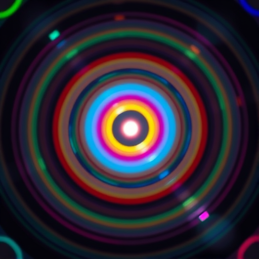 Generate an abstract image of concentric colorful circles radiating from a central bright light, use a Canon EOS 5D Mark IV, lens aperture f/2.8, ISO 100, shutter speed 1/60s, focal length 50mm, shot in a dark environment with a soft focus and high dynamic range to enhance light reflections.