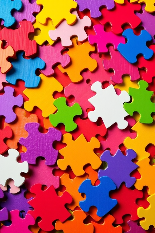vibrant colorful puzzle pieces background, high resolution, 50mm lens, f/2.8 aperture, ISO 100, top-down view, DSLR camera, bright lighting
