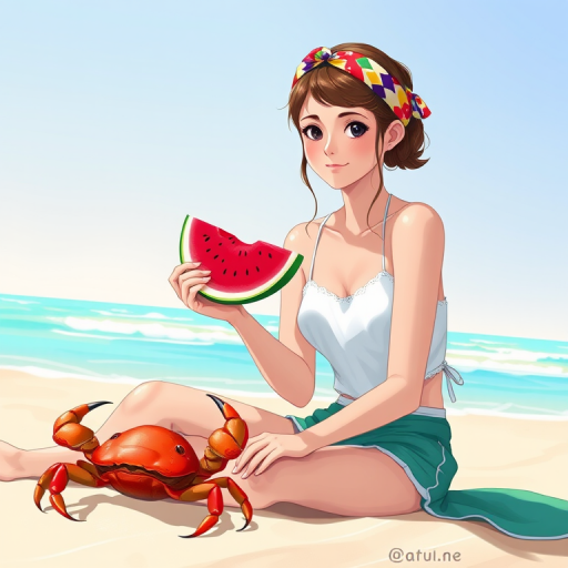 Create an illustration of a young woman sitting on a beach holding a slice of watermelon, wearing a colorful headband, with a crab beside her, in a vibrant, sunny setting; use a Canon EOS R5 camera, 50mm lens, f/1.8 aperture, ISO 100, and natural light for enhanced clarity and color saturation.