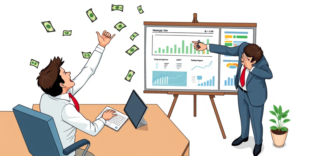 Create a digital illustration featuring a business presentation with a person at a desk celebrating with money flying around, while another person in business attire points to a presentation board displaying charts and graphs, use a 50mm lens, f/2.8 aperture, ISO 100, 1/125 sec shutter speed, top-down view, high-definition vector style.