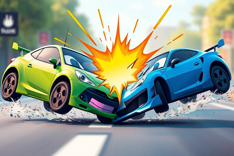 illustration of two cartoon cars, one green and one blue, colliding with a bright yellow explosion effect in the center, high saturation colors, 4K resolution, 35mm lens, soft focus background, digital art style