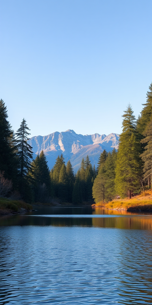 Create an image of a tranquil nature scene featuring a serene lake surrounded by lush trees and mountains in the background, captured with a DSLR camera at f/8 aperture, ISO 100, and a shutter speed of 1/125 seconds, using a wide-angle lens from a slightly elevated viewpoint to enhance depth and clarity.