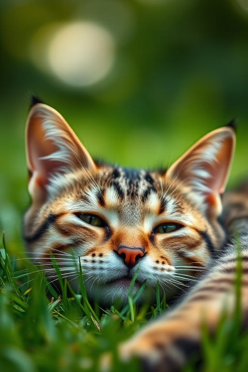 A close-up of a relaxed tabby cat lying on green grass, soft bokeh background, natural lighting, aperture f/2.8, shutter speed 1/200s, ISO 100, DSLR camera, macro lens, high detail and vibrant colors.