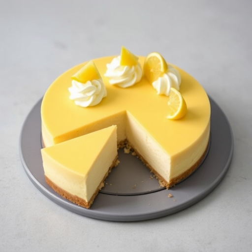 Create an image of a lemon cheesecake with a smooth yellow top, decorated with swirls of whipped cream and small lemon slices on top, set on a round gray serving platter with a slice removed revealing the creamy interior and crumbly crust.