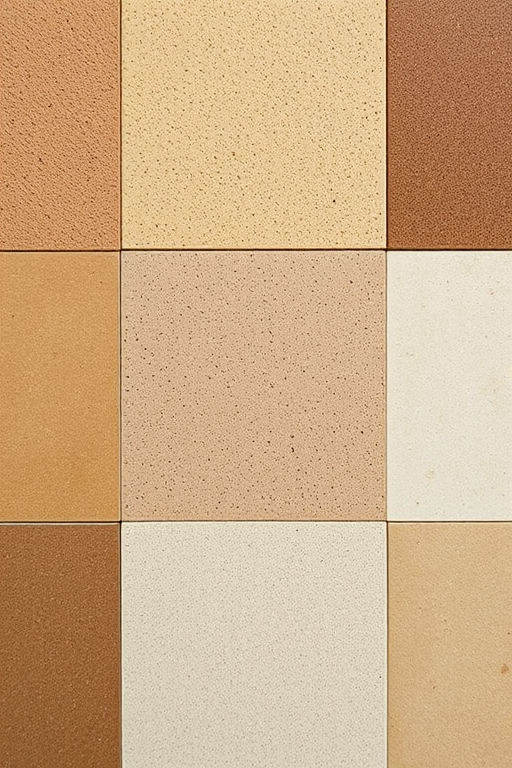 Create a high-resolution image featuring three textured squares of varying shades of beige and brown, using a Canon EOS R5 with a 50mm f/1.8 lens, aperture set to f/4, ISO 100, and a soft focus style for enhanced depth and detail in natural light.
