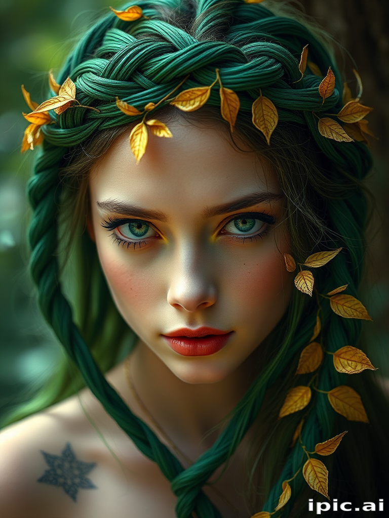 Enchanting emerald green braided crown intertwined with delicate golden leaves, evoking a mystical forest nymph aura, named "Verdant Whisper"