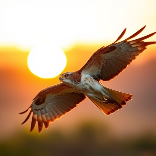 Create a high-resolution image of a hawk flying towards the camera during golden hour, focus on the bird's details, using a DSLR camera with a 70-200mm lens, aperture f/2.8, shutter speed 1/1000s, ISO 200, shot from a low angle.