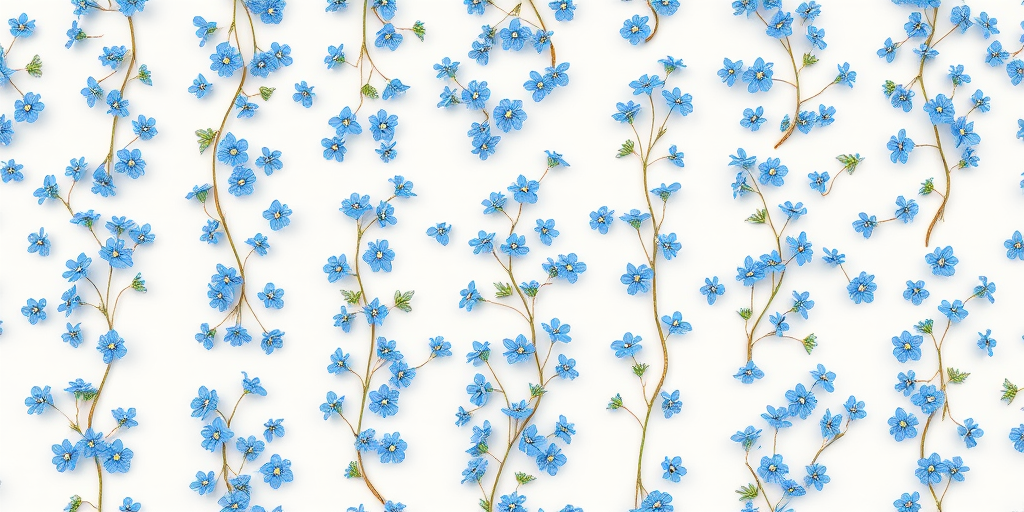 Create a seamless floral pattern with small blue flowers scattered vertically on a white background, shot with a Canon EOS R5, f/4 aperture, ISO 100, 50mm lens, using a soft focus style to enhance texture and softness.