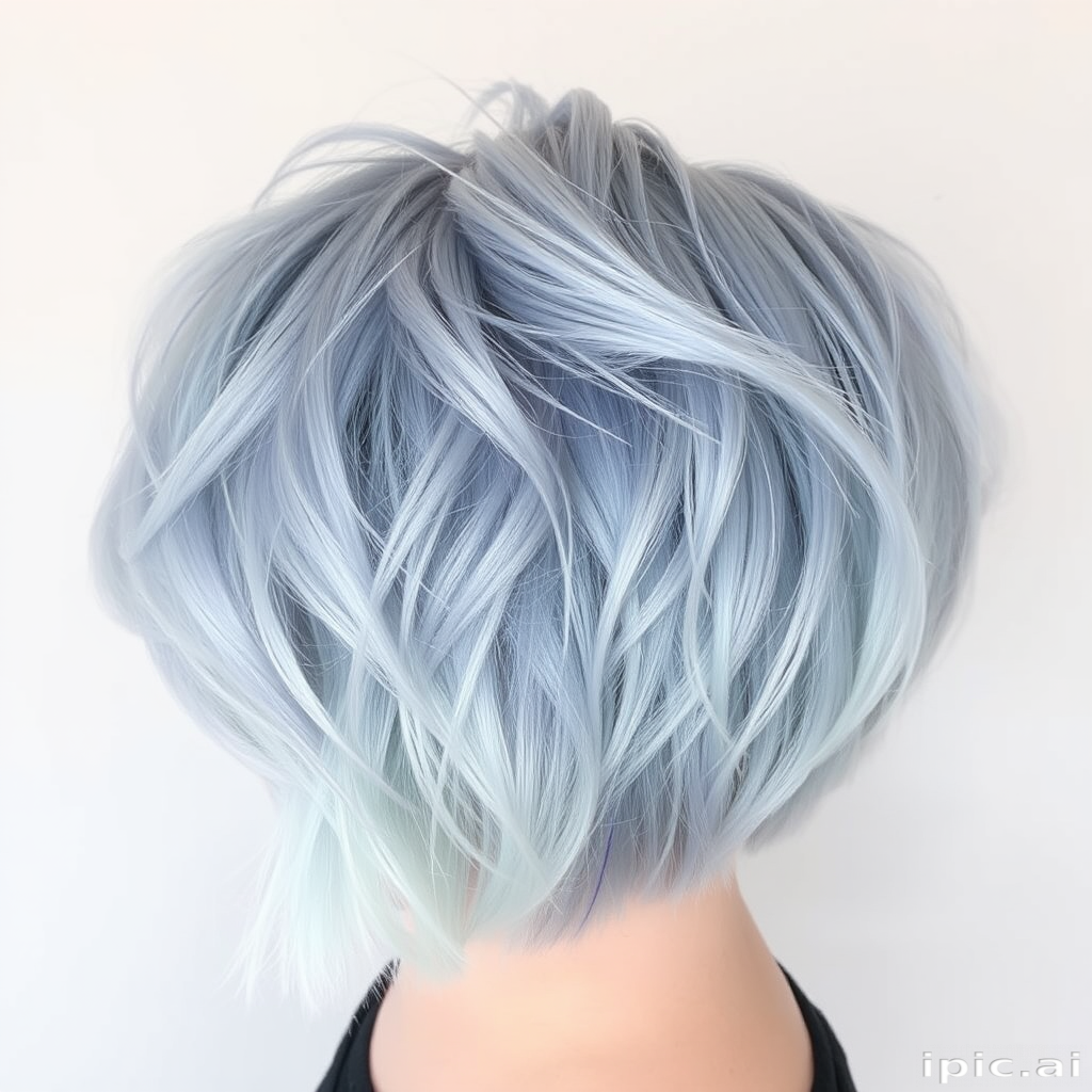 Dusty blue textured crop, expertly shaped by "Cloud Nine" stylists, showcasing a short, piecey cut with lots of volume on top, gradually fading to a pale, sky blue at the ends, creating a soft, dreamy look reminiscent of a hazy summer sky.