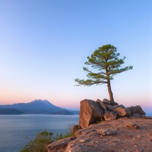 Create a serene landscape scene featuring a lone tree on a rocky outcrop overlooking a calm body of water with a distant mountain in the background, capturing soft pastel colors and gentle gradients in the sky, using a DSLR camera, focal length 50mm, aperture f/8, ISO 100, with a wide-angle view to enhance depth and clarity.